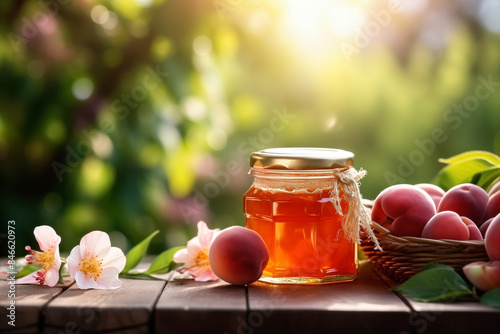 Freshly made apricot jam in a jar on a sunny afternoon in a garden.