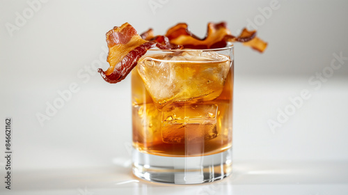 Artistic Shot of a Smoked Bourbon Cocktail Garnished with Crispy Bacon