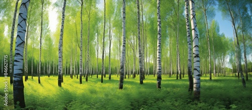 Beautiful sunny day in the forest's birch grove, depicting a spring landscape with green birch trees, offering a serene copy space image.