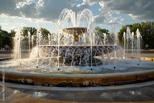 A grandiose fountain where water jets dance to the beats of a drum