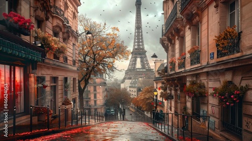 cosy Paris street with view on the famous Eiffel Tower on a cloudy spring day with flowers, Paris France