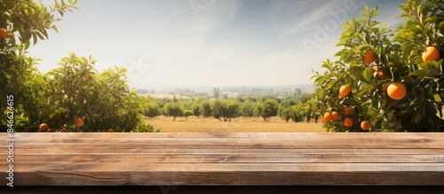 Wooden table set against orange trees and fields, ideal for product display with ample copy space image.