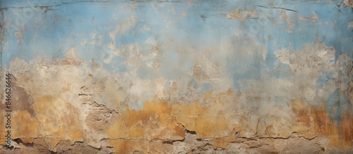 Ancient mural-like fresco background featuring yellow and blue peeled paint on an old wall, resembling a copy space image.