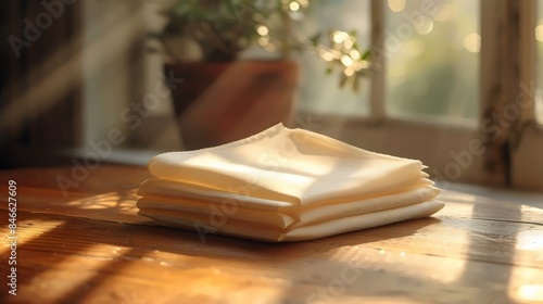 A stack of white napkins sits on a wooden table