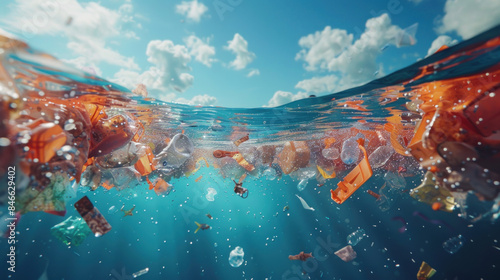 Garbage floating in marine water, heavy pollution, environmental hazard. Underwater image