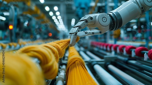 Robotic Hands Handling Colorful Delicate Threads in Modern Textile Factory - High-Tech Looms and Weaving Machines with Copy Space