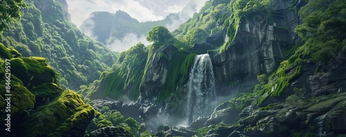 Powerful waterfall cascading down a moss-covered cliff face, 4K hyperrealistic photo