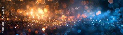 Abstract glittering background with warm gold and cool blue bokeh, evoking a sense of wonder and enchantment, deep depth of field, shimmering particles