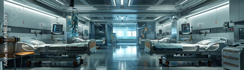 Advanced medical ward featuring sleek hospital beds and cuttingedge equipment, perfect for healthcare visuals