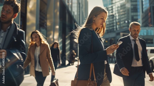 A group of diverse professionals walking down a busy city street during the day, all glued to their smartphones
