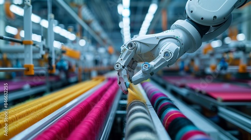 Robotic Hands Handling Colorful Delicate Threads in Modern Textile Factory - High-Tech Looms and Weaving Machines with Copy Space
