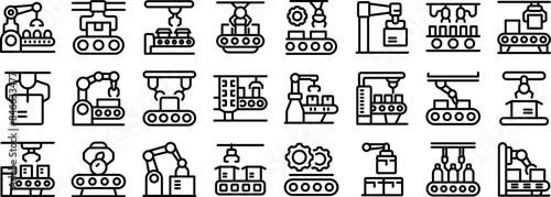 robot conveyor belt icons set. Conveyor belt manufacturing automation process with robotic arms icons set in thin line style