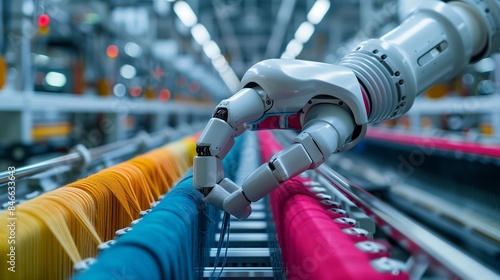 Robotic Hands Handling Colorful Delicate Threads in Modern Textile Factory - High-Tech Looms and Weaving Machines with Copy Space