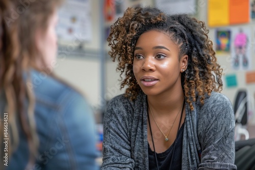 Two young women engaged in a friendly conversation indoors, emphasizing connection and communication.