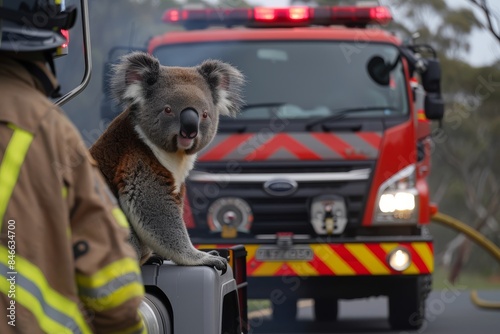 A Koala is rescued by firefighters during a bushfire in Australia. The koala is sitting on the side of a fire engine, looking at the camera