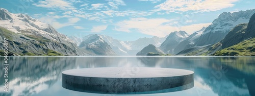 A large, empty stage in the middle of a lake, with snow-capped mountains in the background.