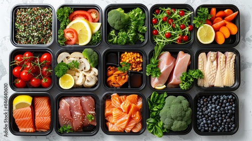A photo of various healthy foods, including fish,meat and vegetables