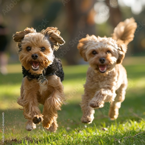 Small Dogs Running Across Lush Green Field