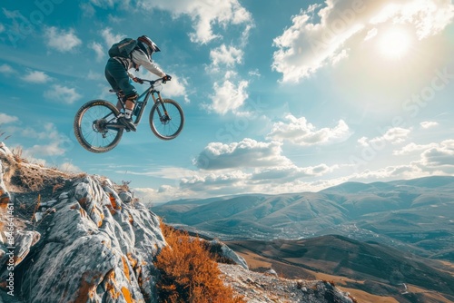 Mountain biker executing an exhilarating jump off a rocky bluff against a backdrop of stunning mountainous scenery.
