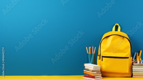 Back to School Banner with Yellow Backpack, Books, and School Supplies on a Blue Background - 3D Rendering with Copy Space