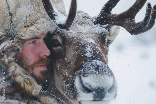 Close up of reindeer herder with animal in snow