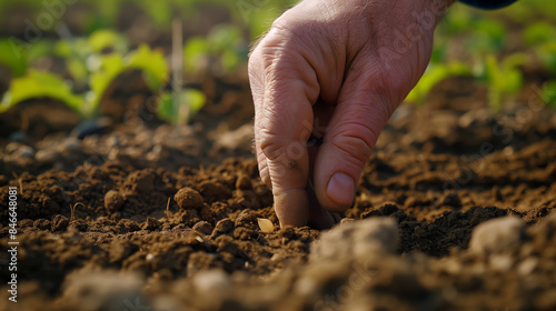Close-up of a hand planting seeds in fertile soil, representing the beginning of a new growth cycle in a lush garden or farm. 