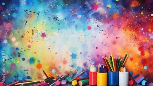 Assorted school supplies on vibrant abstract background with colorful textures