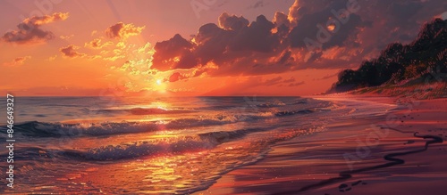 Captivating Beach Sunset Scene with a Blend of Sun, Sea, and Nature Elements.