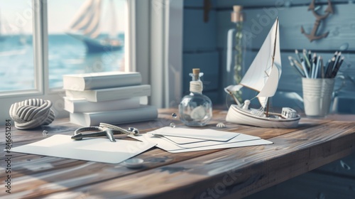 Maritime Mastery NauticalThemed Event Planner's Desk with Ship in a Bottle and Anchor Paperweight Blank Business Cards for Custom Branding and Personalization