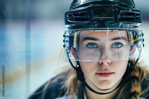 Female hockey player in focus on the ice rink. Close-up of a determined athlete in full gear, helmet and visor. Concept of women's empowerment in sports.