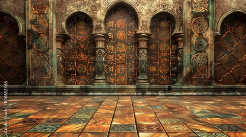 Spacious backdrop featuring intricate designs on a sizable brown tile