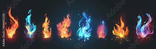 types of fire in different color effects mega set in cartoon graphic design and with black color in background 
