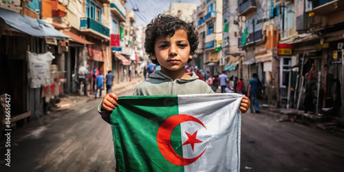An algerian boy proudly holding Algeria's flag in Alger street