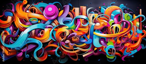 Graffiti painting with vibrant colors and cartoon in a street art style, creating an abstract background image with copy space.