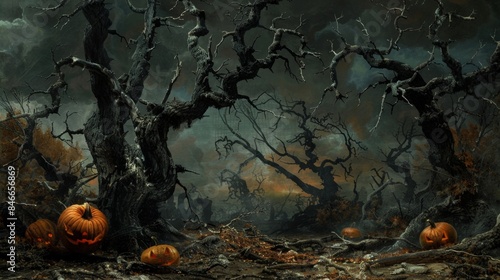 Spooky Forest with Jack-O'-Lanterns at Dusk, Generative AI