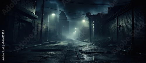 Nighttime scene of a dark, grungy street with a vintage feel and limited visibility; ideal for a copy space image.