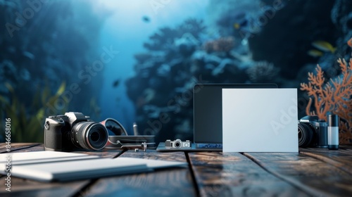 Oceanic Opus Underwater Photographer's Desk with Stunning Imagery Camera Gear and Business Cards