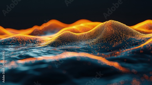 Yellow particles wave. Dark vibration fluid waves. Best for sound and music visualization, quantum world visualization, and Technology.