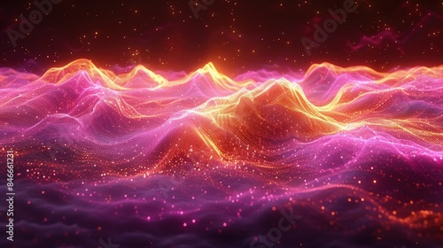 Pink shimmering particles wave on dark. Dark vibration fluid waves. Best for sound and music visualization, quantum world visualization, and Technology.