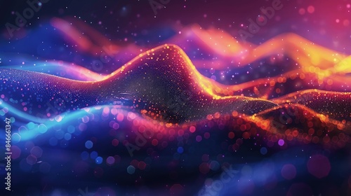 Pink shimmering particles wave on dark. Dark vibration fluid waves. Best for sound and music visualization, quantum world visualization, and Technology.