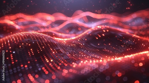 Red particles wave. Dark vibration fluid waves. Best for sound and music visualization, quantum world visualization, and Technology.