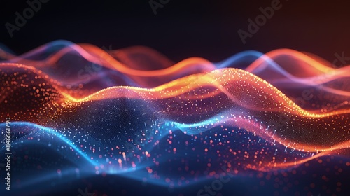 Golden particles wave on dark. Dark vibration fluid waves. Best for sound and music visualization, quantum world visualization, and Technology.