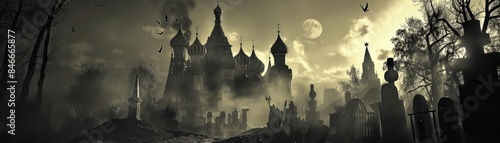 Haunting castle silhouette shrouded in mist with eerie trees and full moon, perfect for Halloween and dark fantasy themes.