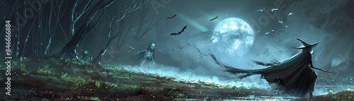 Mystical night scene with eerie moonlight, dark forest, and a sorcerer silhouette creating a magical atmosphere.