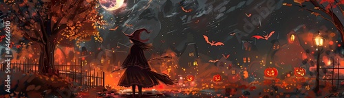 Magical Halloween night scene with a witch, pumpkins, and flying bats under a moonlit sky.