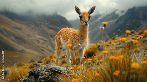 A baby goat stands in a field of yellow flowers