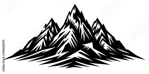 mountain range in woodcut style, hand hatched pencil sketch black vector decorative silhouette shape sketch engraving print laser cutting