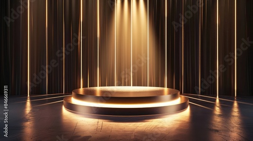3d rendering of golden podium on black background. Podium for show product,gold empty podium levitating in the darkness. Surround the podium with a mesmerizing wall of vertical gold neon lamps 