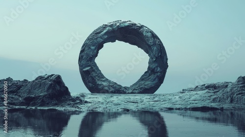 A large, circular rock formation sits on a rocky shoreline