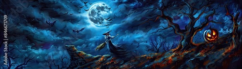 Eerie night with full moon, witch flying on broomstick, bats, and glowing pumpkin. Spooky Halloween scene in blue tones.
